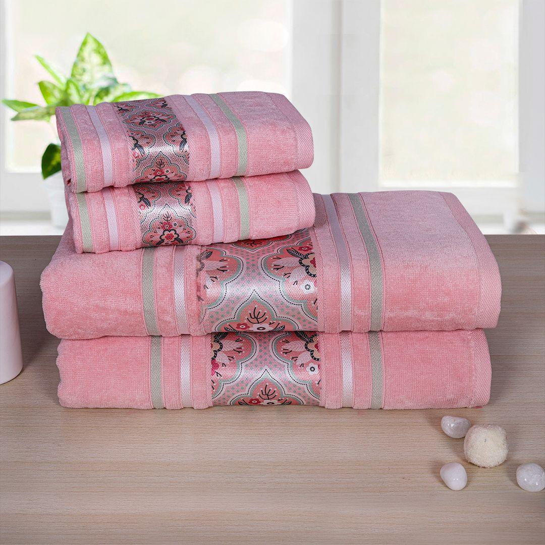 Oriental 450 GSM Cotton Towel Set Of 4 - Peach(2 Bath + 2 Hand Towels)