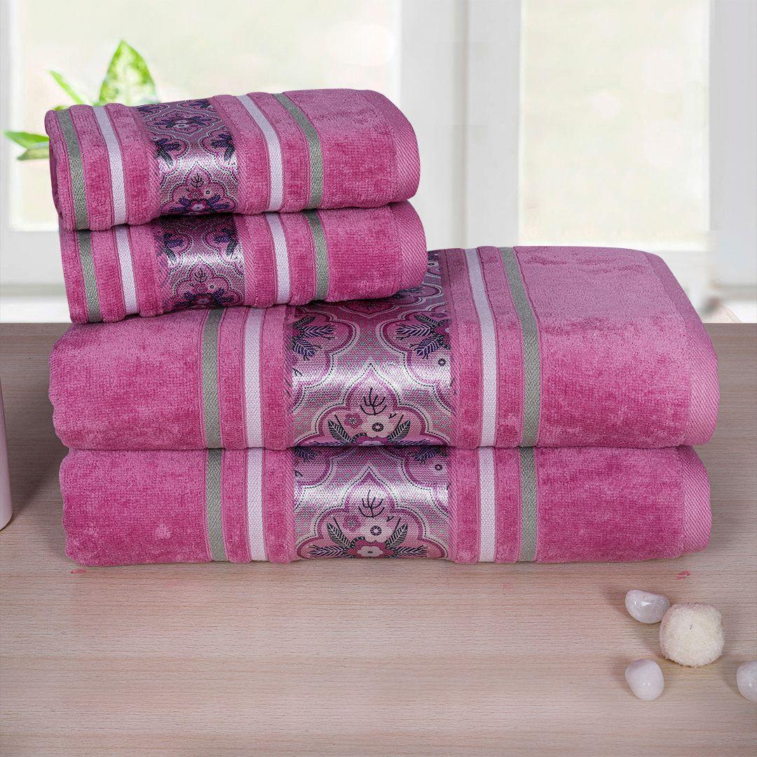 Oriental 450 GSM Cotton Towel Set Of 4 - Purple(2 Bath + 2 Hand Towels)