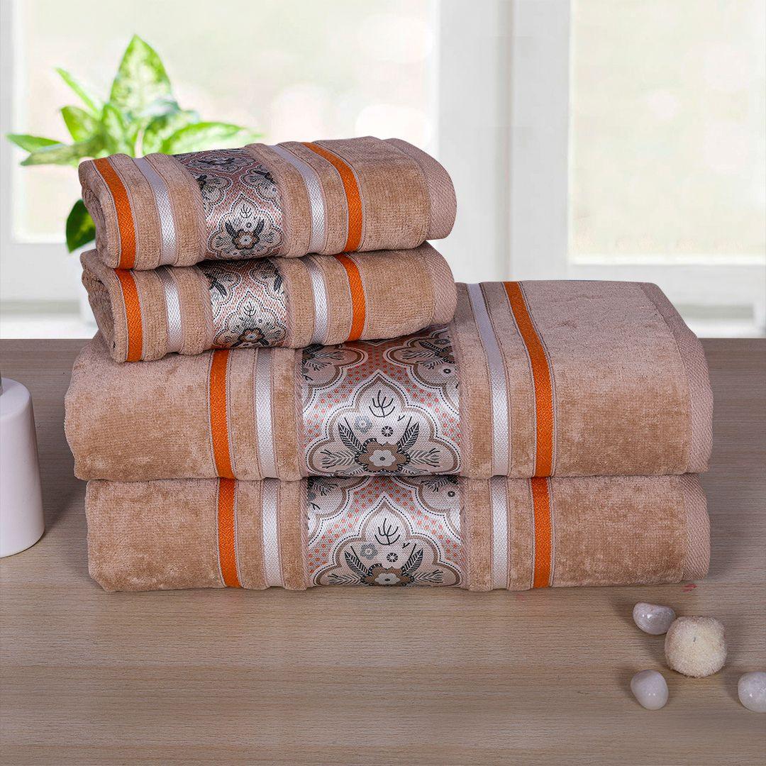 Oriental 450 GSM Cotton Towel Set Of 4 - Light Beige(2 Bath + 2 Hand Towels)