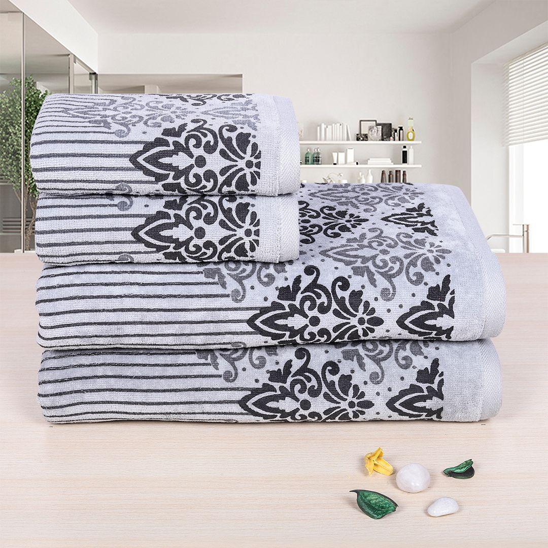 Valle 450 GSM Printed Cotton Towel Set Of 4 (Grey)