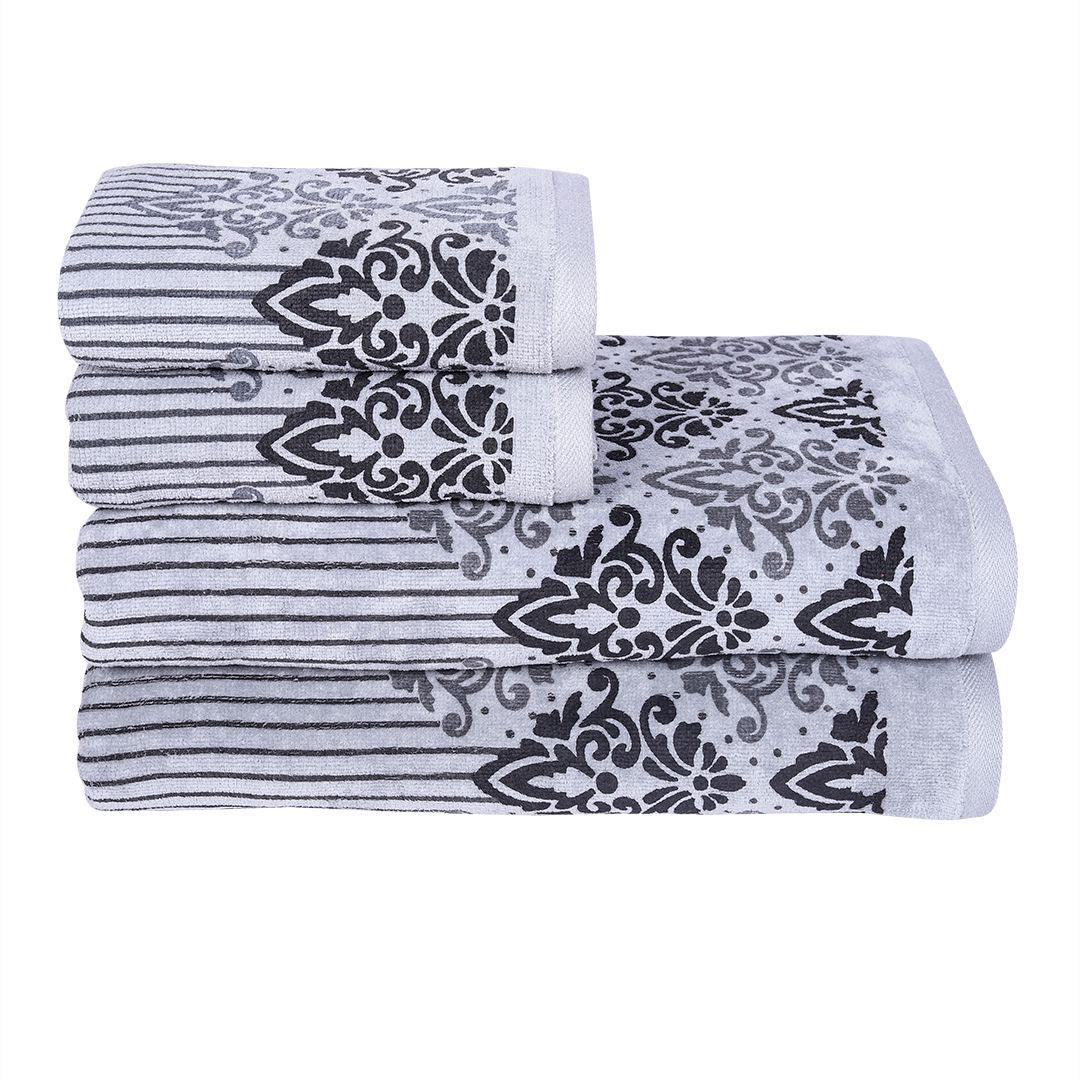 Valle 450 GSM Printed Cotton Towel Set Of 4 (Grey)