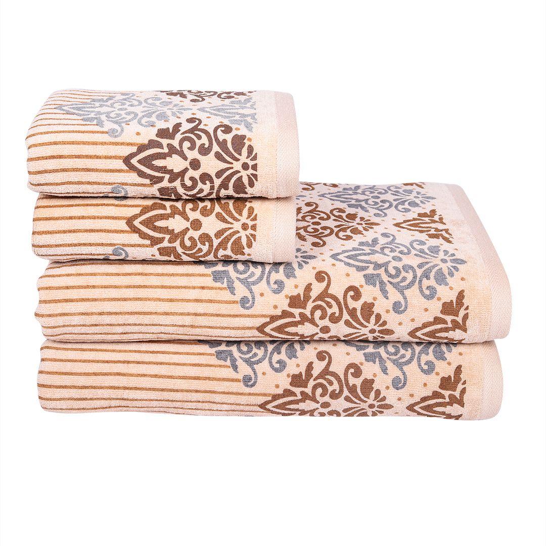 Valle 450 GSM Printed Cotton Towel Set Of 4 (Beige)