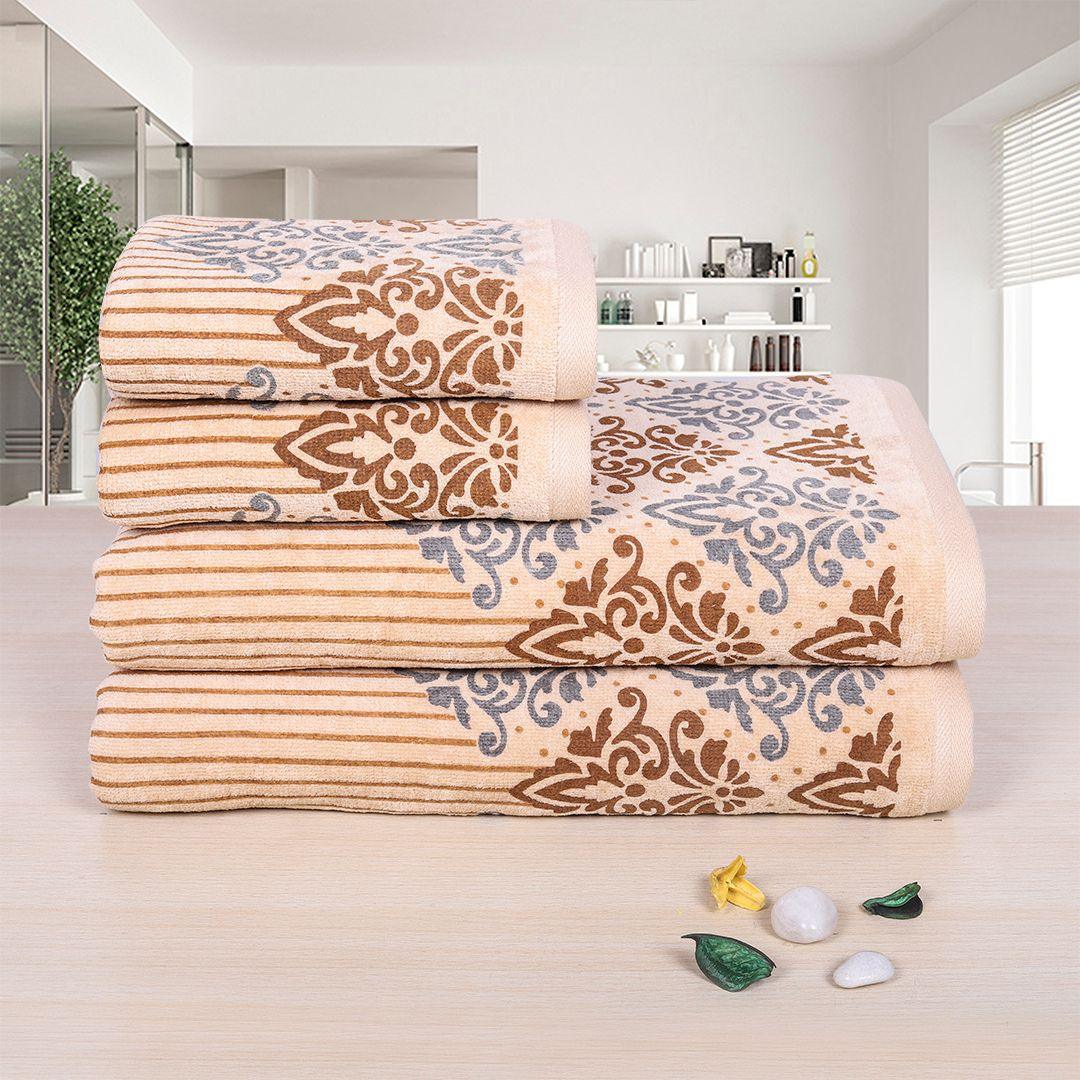 Valle 450 GSM Printed Cotton Towel Set Of 4 (Beige)