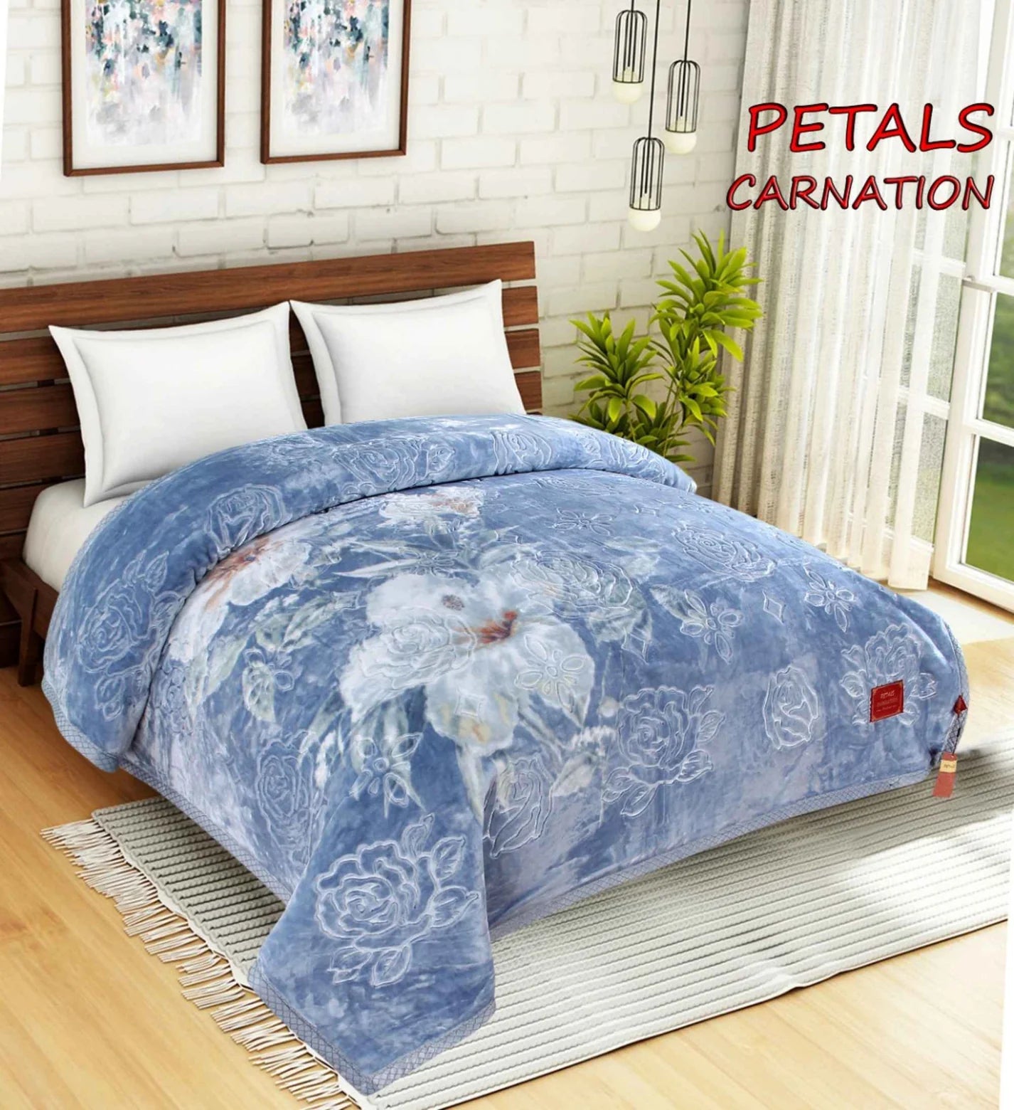 Petals Dreams Carnation Blanket Double Bed (Blue)