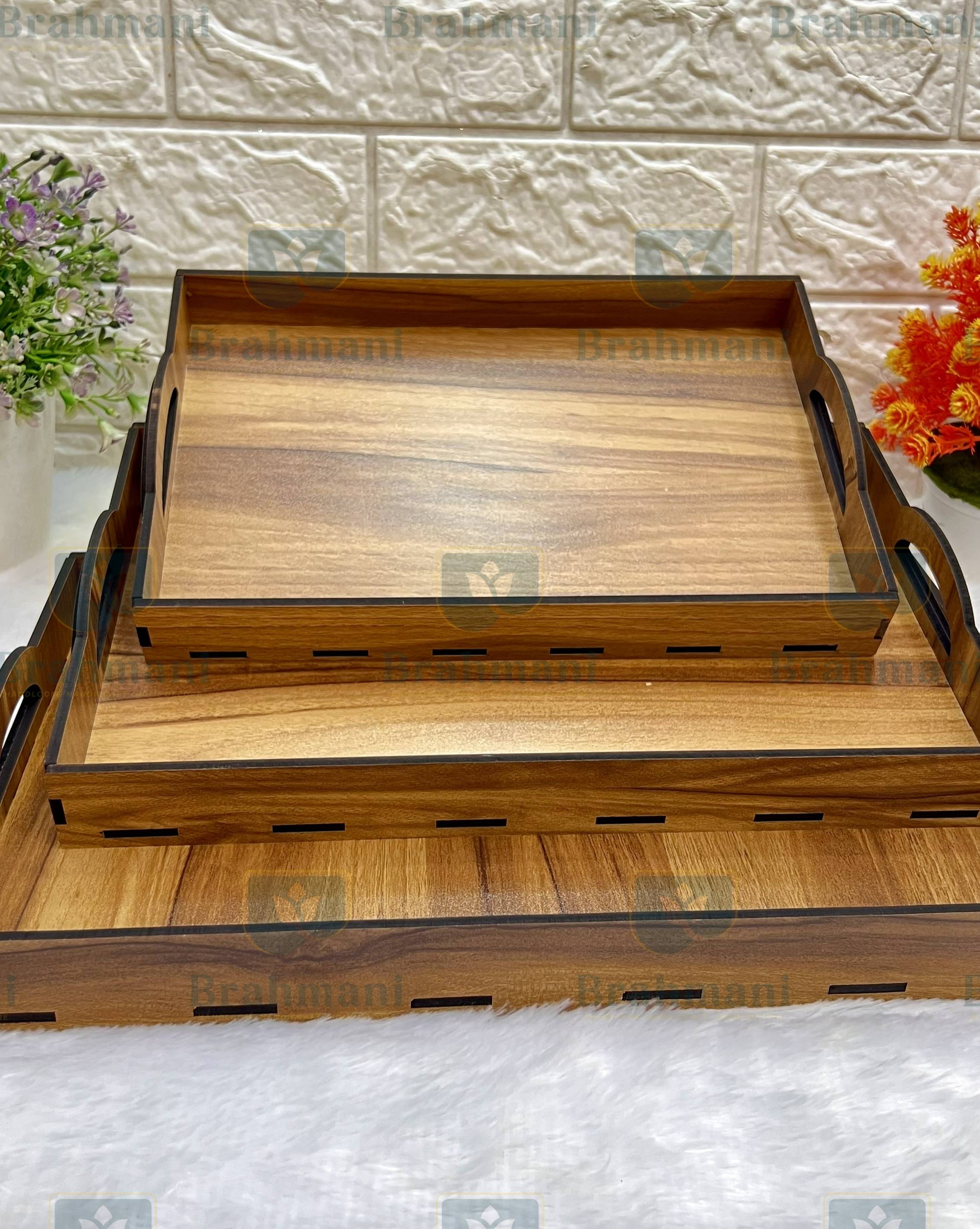 Wooden Serving Trays Unique Style with Round Handle Large, Medium and Small, Wooden Trays - Light Brown  (Set of 3)