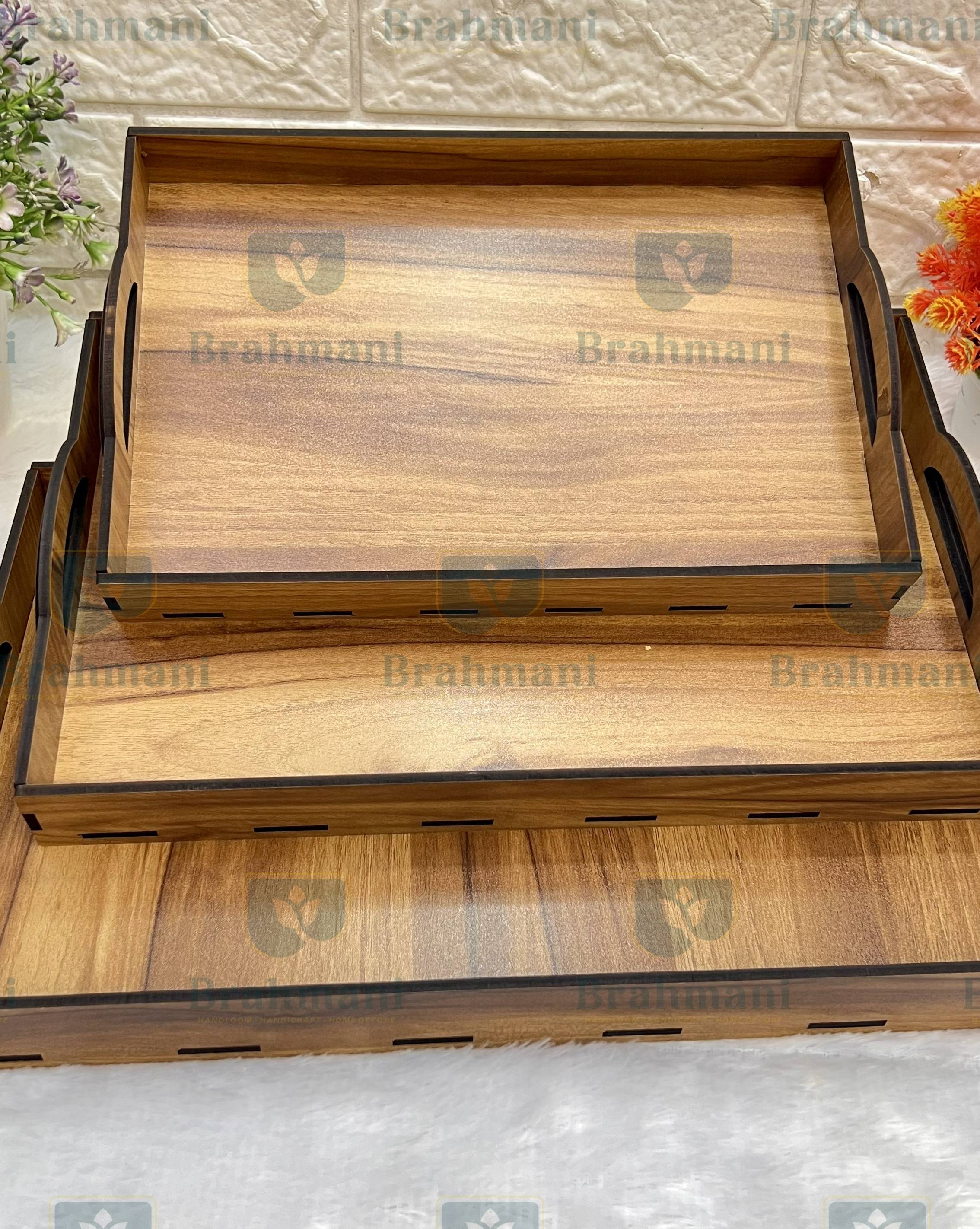 Wooden Serving Trays Unique Style with Round Handle Large, Medium and Small, Wooden Trays - Light Brown  (Set of 3)