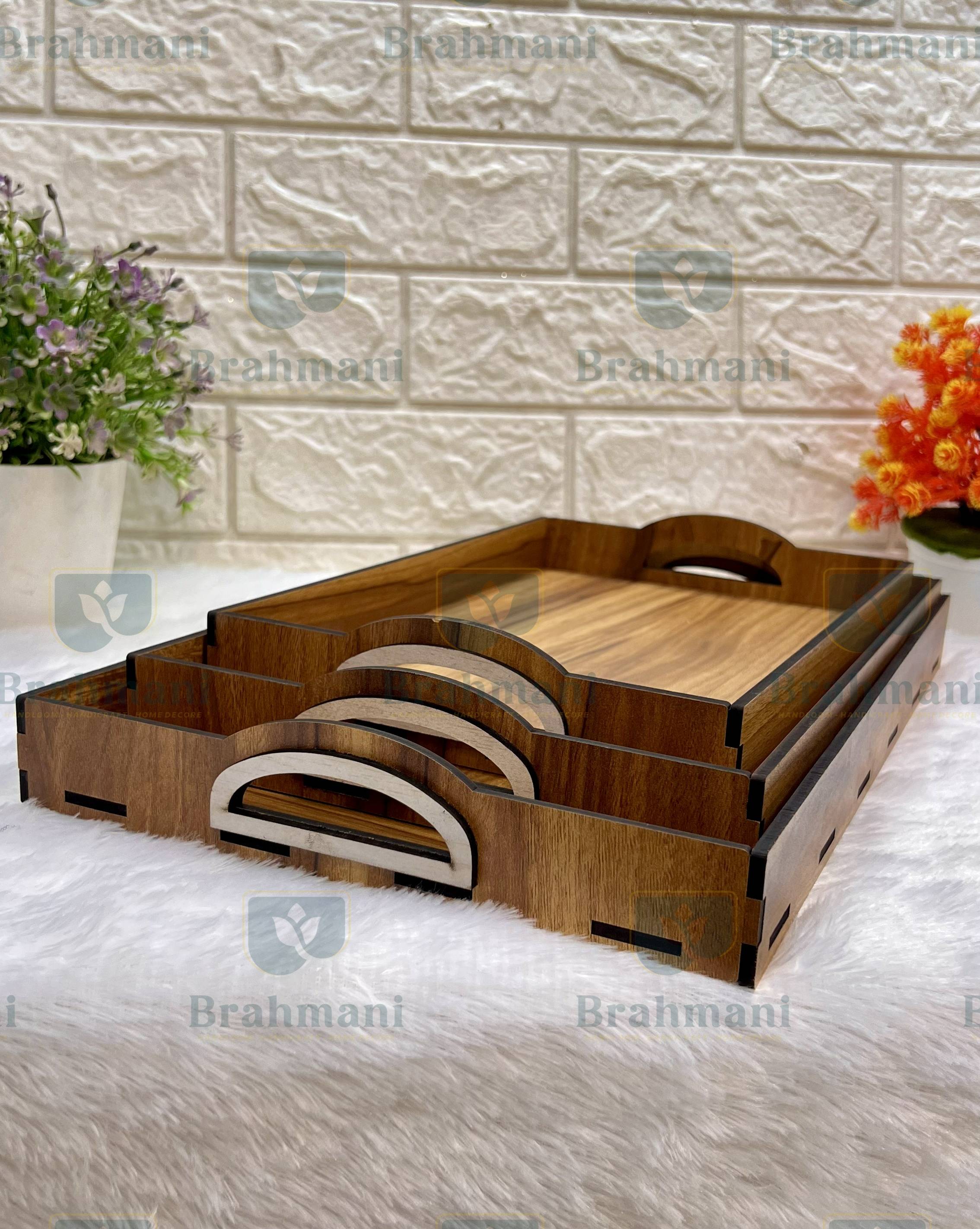 Wooden Serving Trays Unique Style with Round Handle Large, Medium and Small, Wooden Trays - Light Brown  (Set of 3)