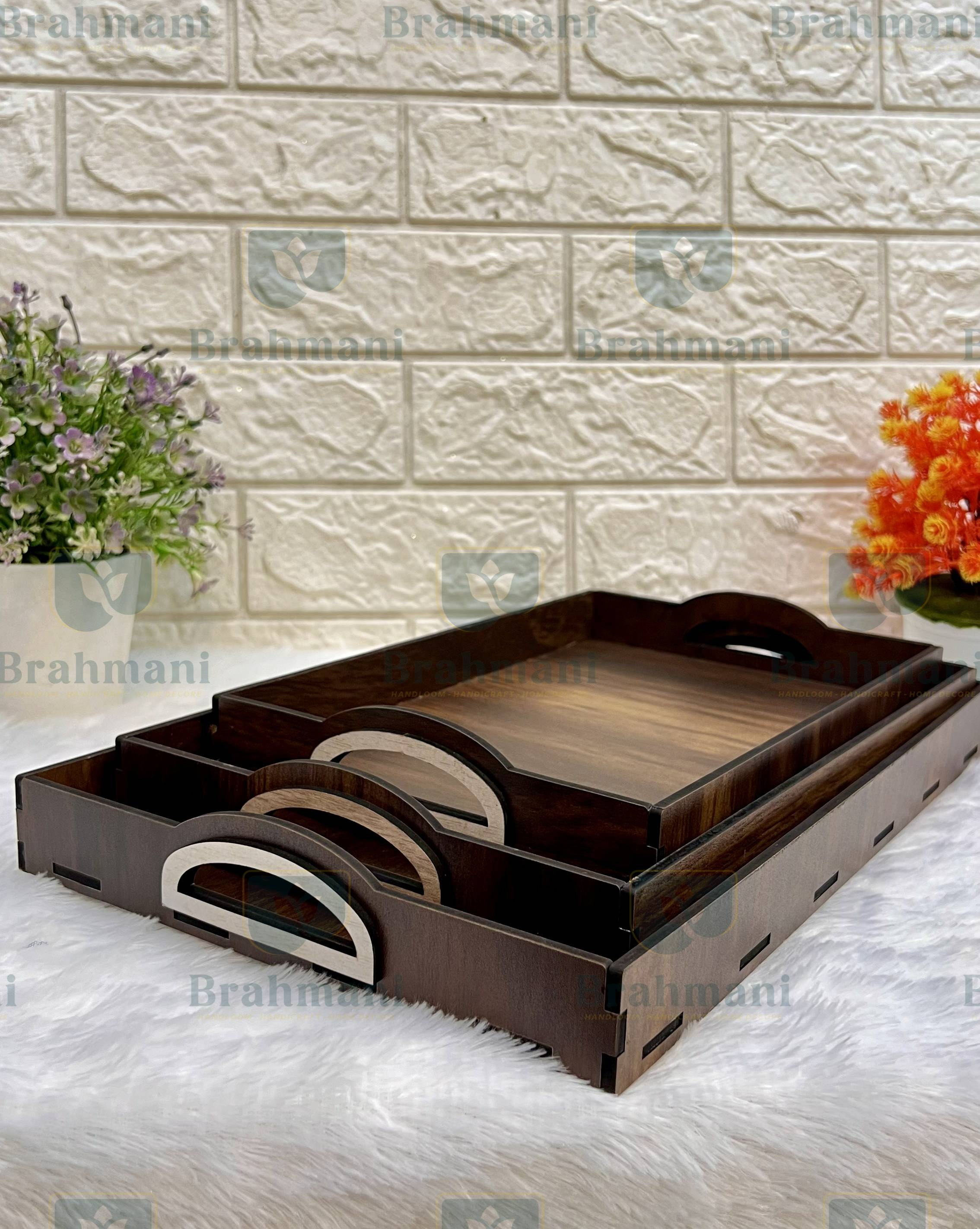 Wooden Serving Trays Unique Style with Round Handle Large, Medium and Small, Wooden Trays - Brown  (Set of 3)