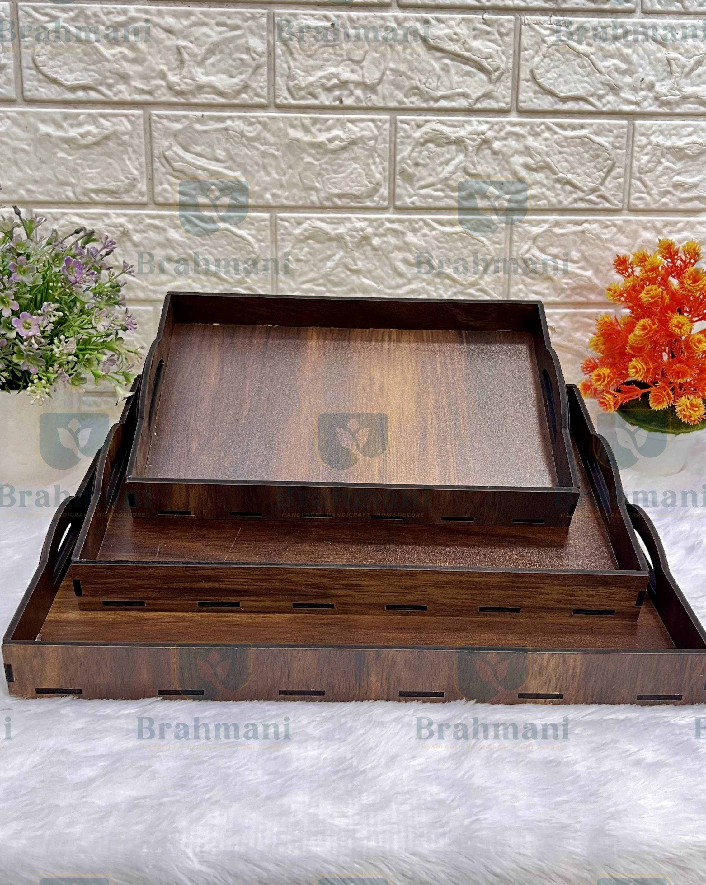 Wooden Serving Trays Unique Style with Round Handle Large, Medium and Small, Wooden Trays - Brown  (Set of 3)